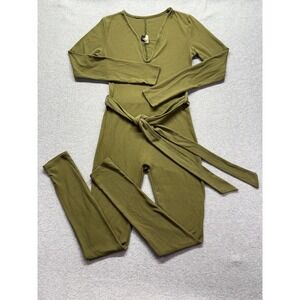 JNK Olive Green Ribbed Long Sleeve‎ V-Neck Jumpsuit with Tie Waist Size M